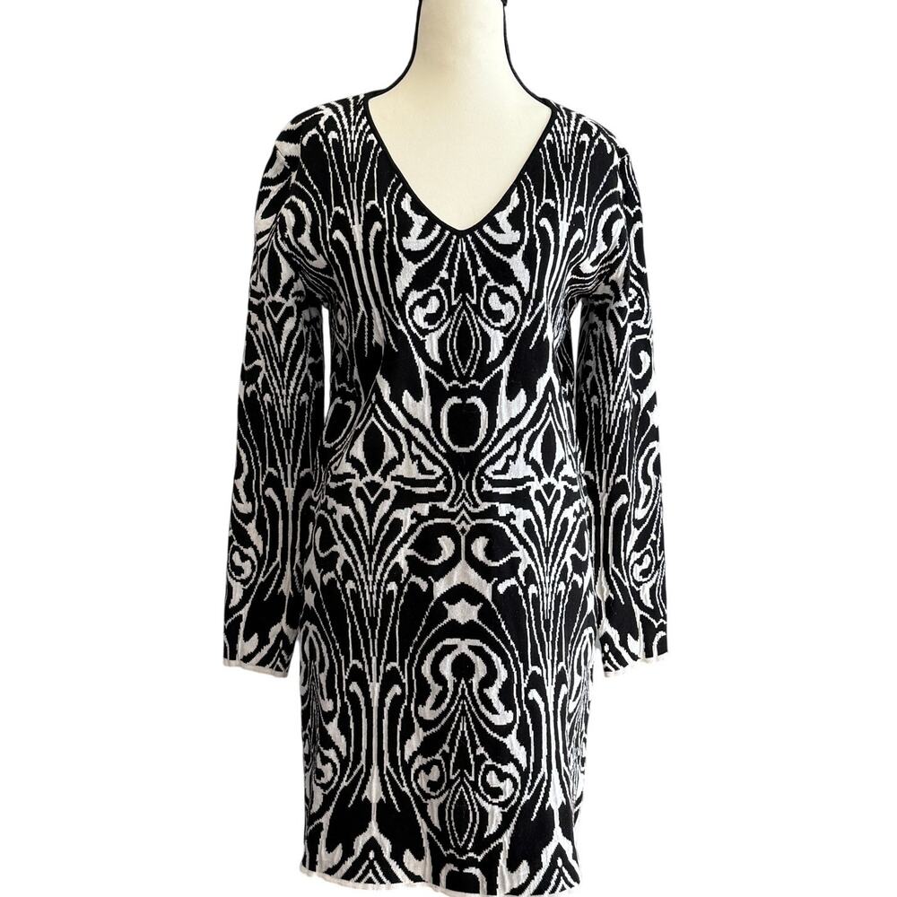 Black White Damask Sweater Dress Soft Goth Baroque Knit V-Neck Long Sleeve Chic